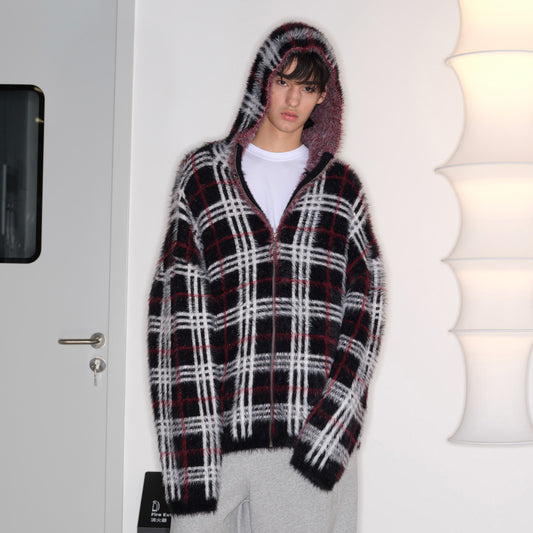 Checkered Hooded Cardigan