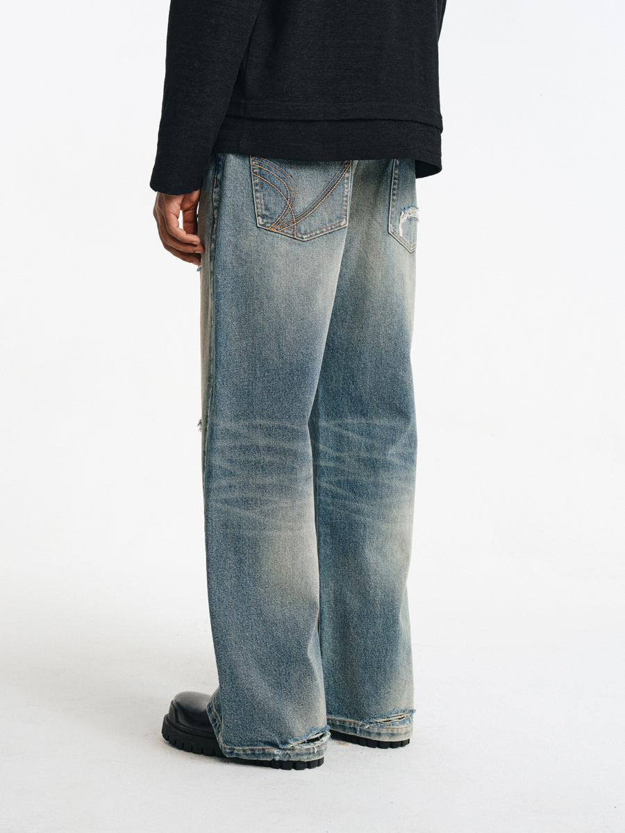Hand Stitched Ripped Slim Straight Jeans