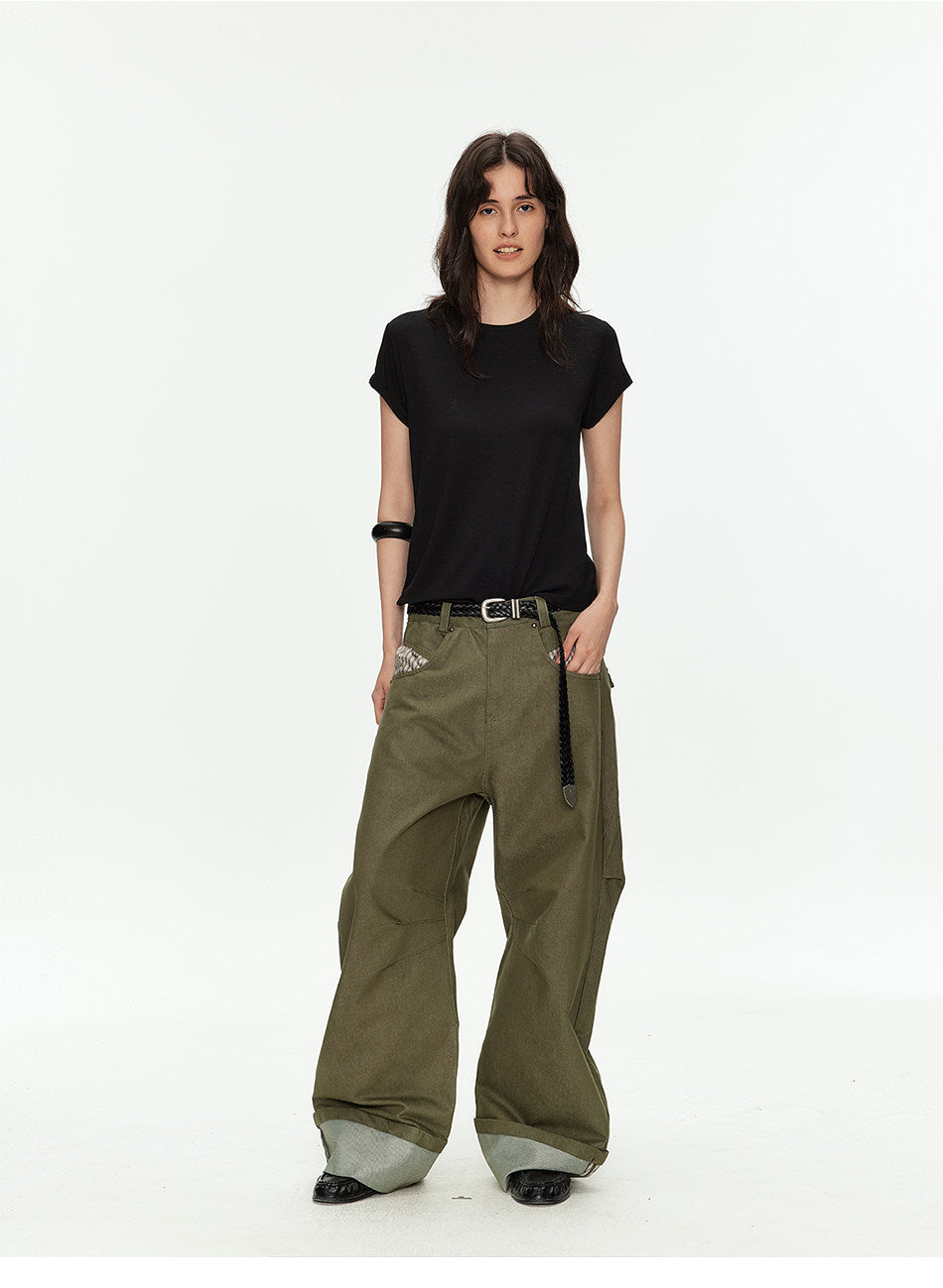 Wide-Leg Workwear Pants with Checkered Pockets