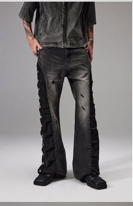 Washed pleated patchwork jeans