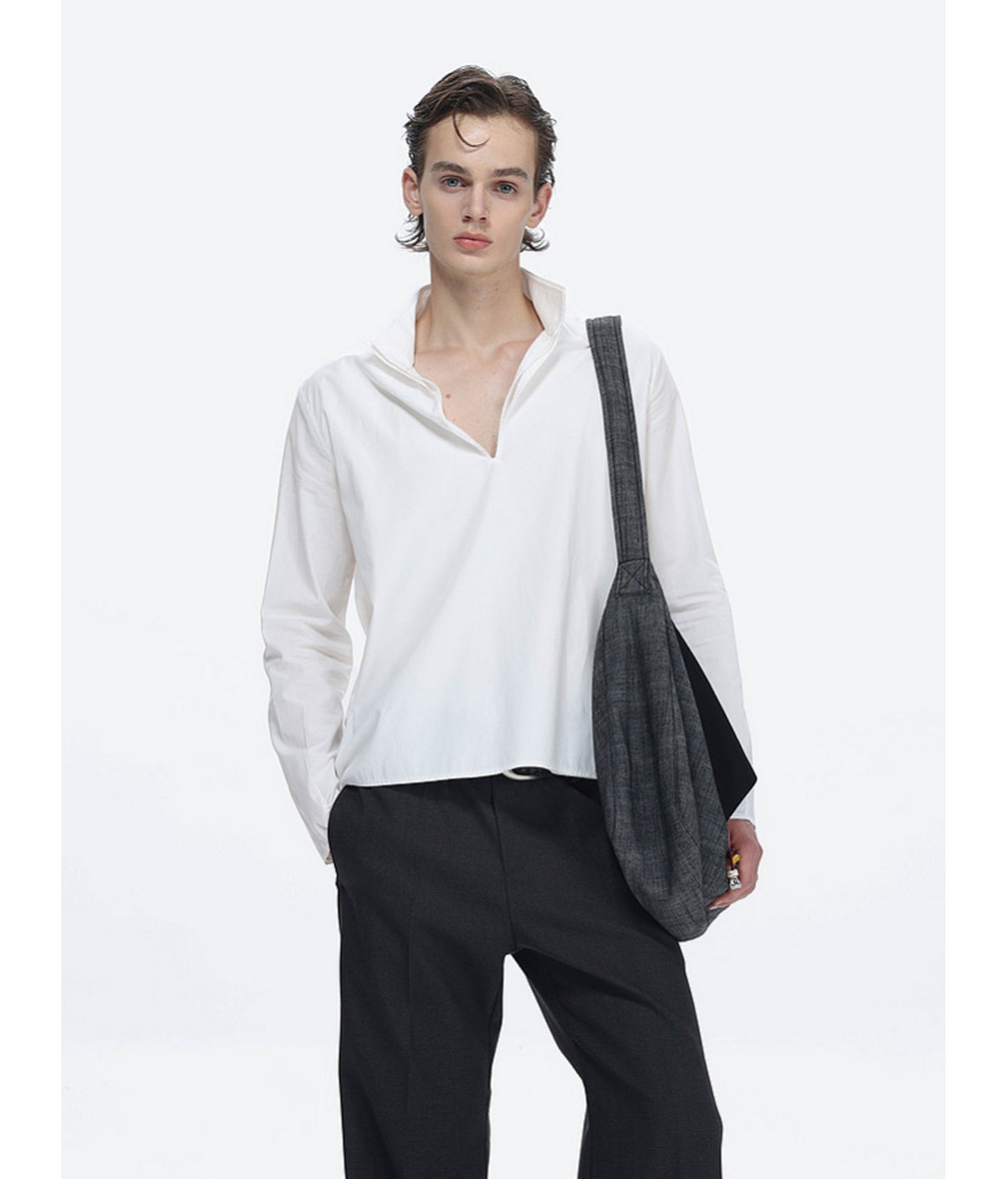 Deep V-Neck Half-Button Pullover Shirt