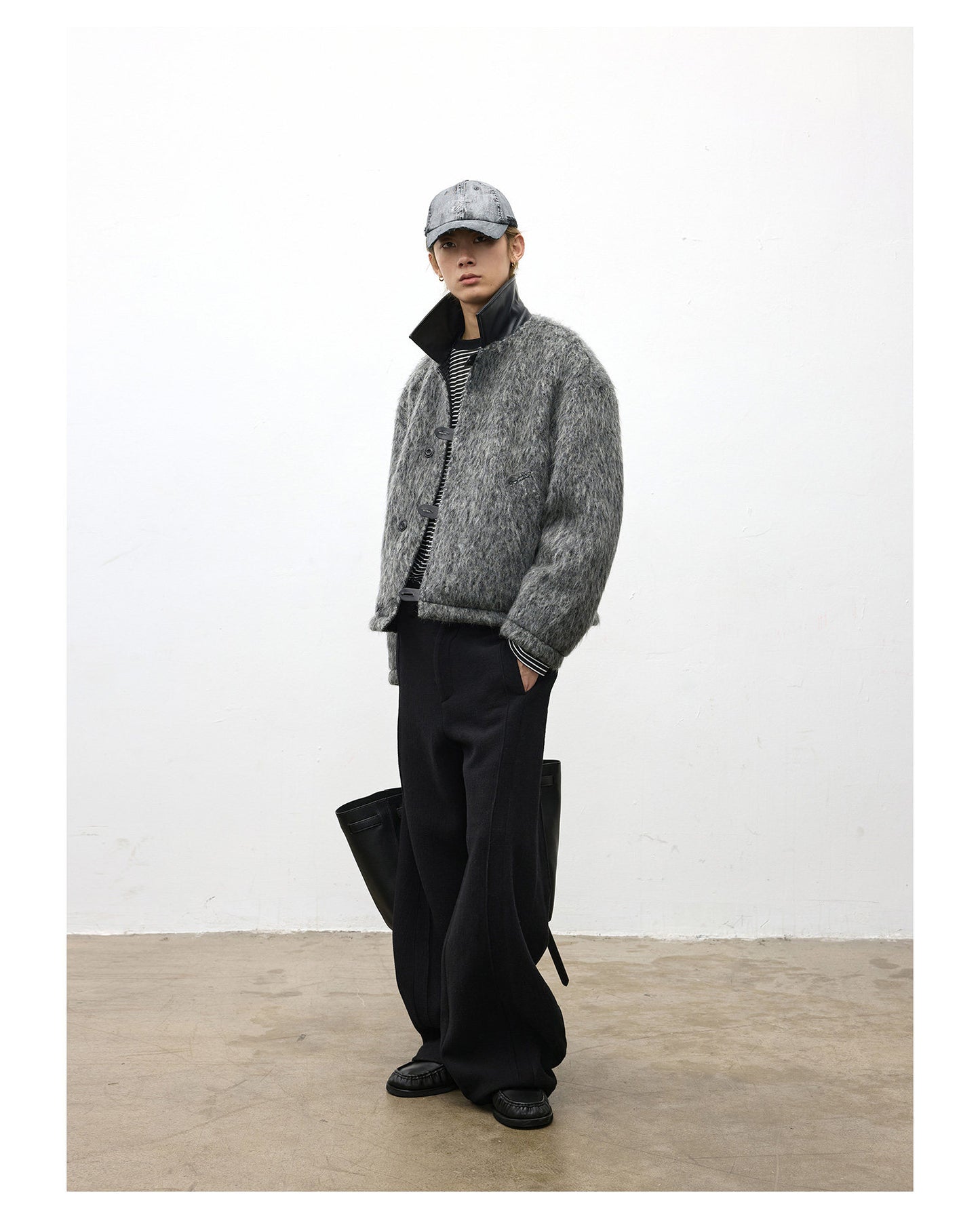 Leather Collar Wool Blend Jacket