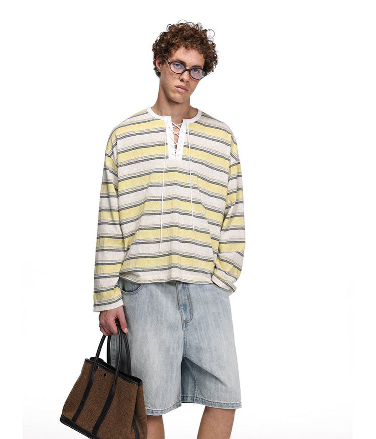 Drawstring Tie Henley Collar T-Shirt