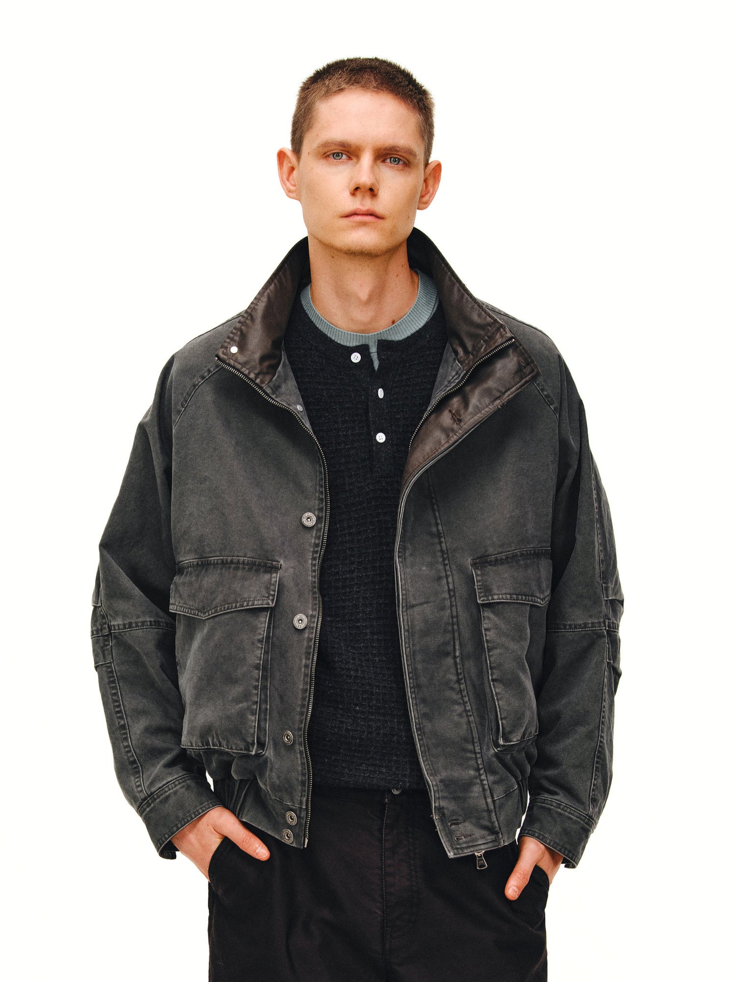 Distressed Stand Collar Jacket