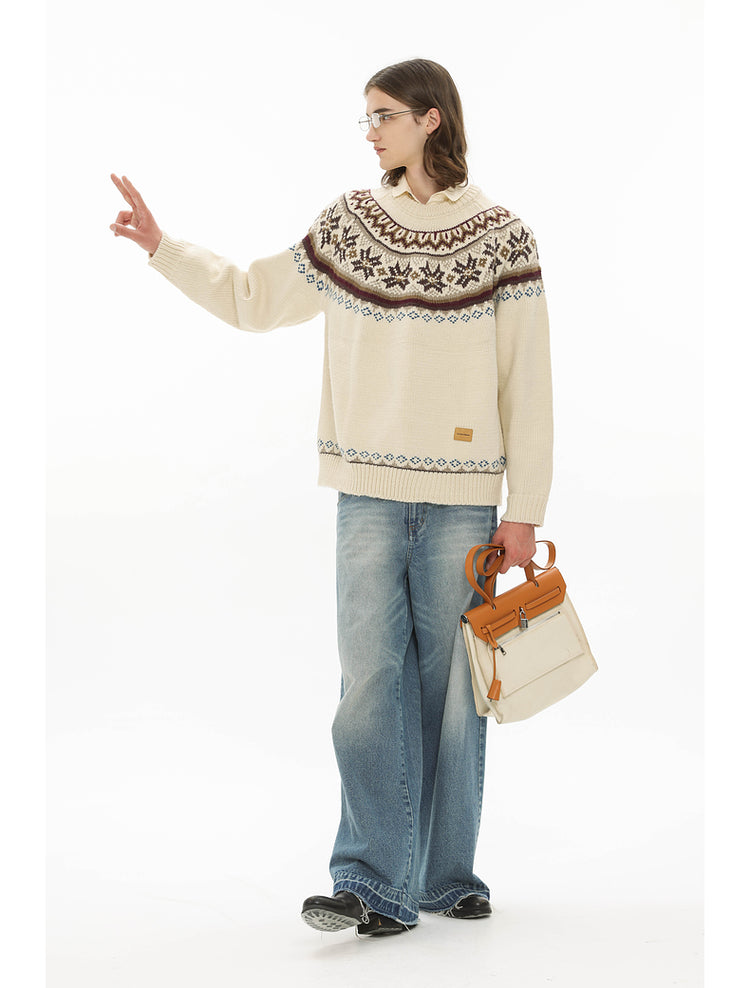 Retro Jacquard Round Neck Knit