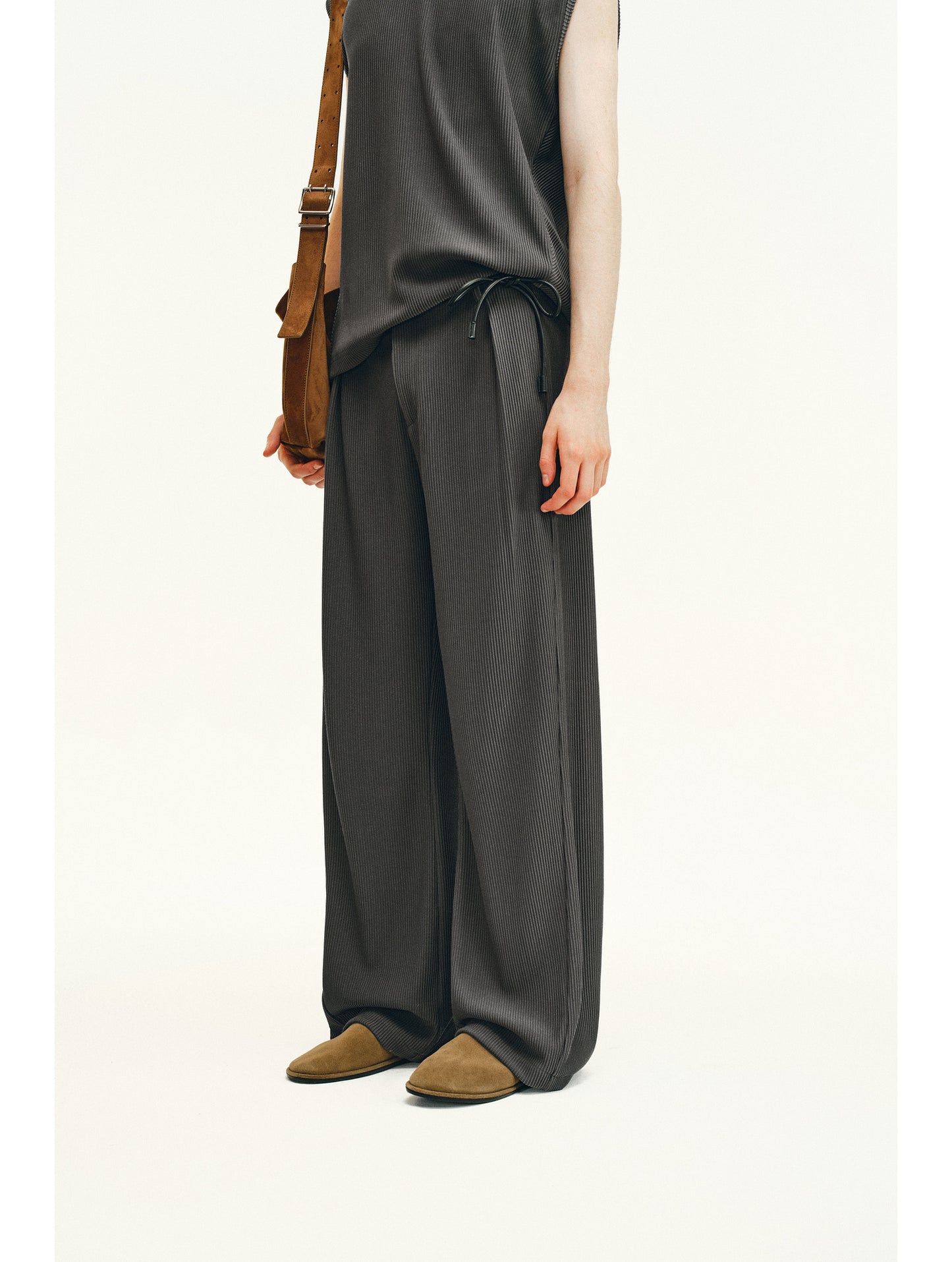 Vertical Stripe Textured Casual Pants Set