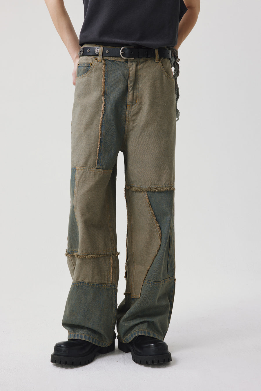 Two-color joint damaged wide jeans