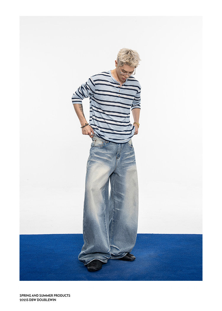Vintage Distressed 3D Pleated Jeans