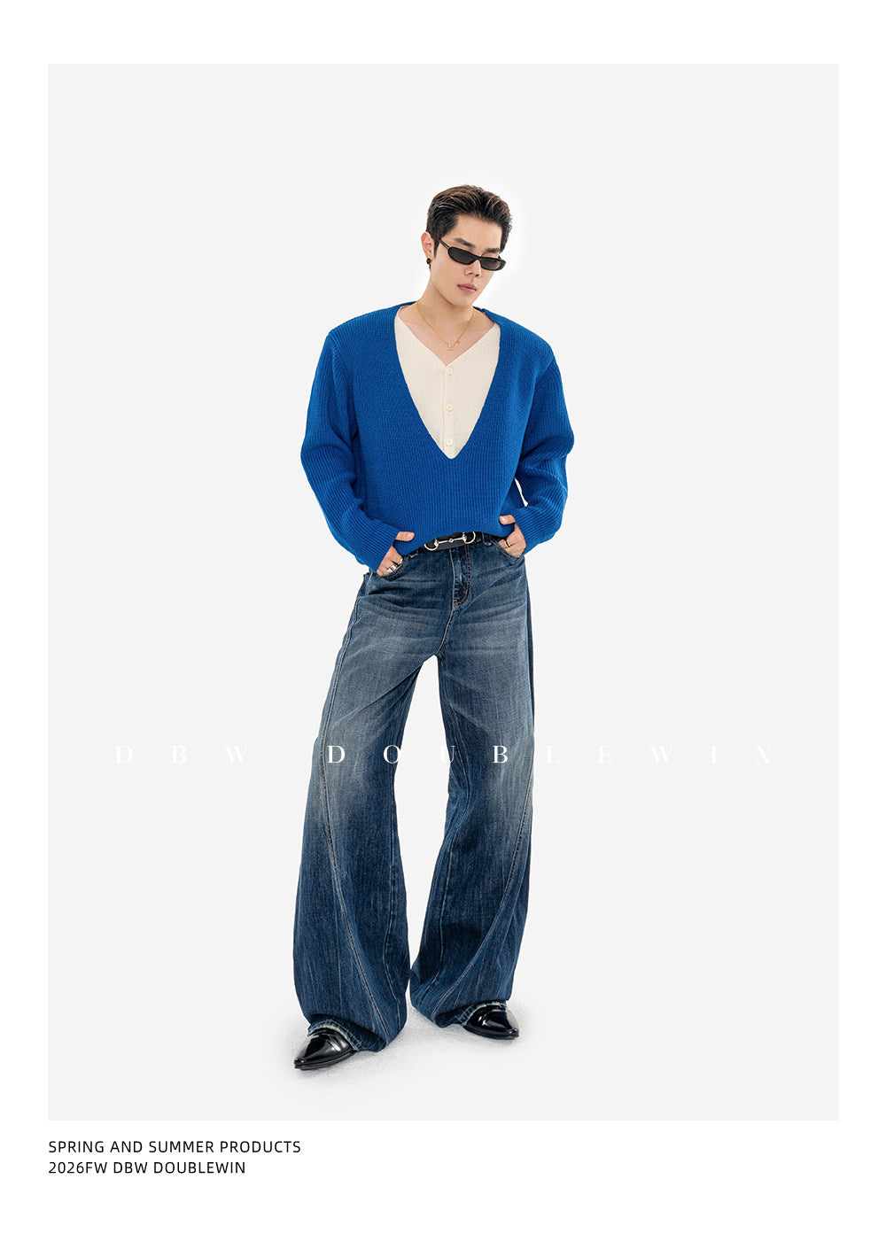 Faux Two-Piece V-Neck Knit Sweater with Shoulder Pads