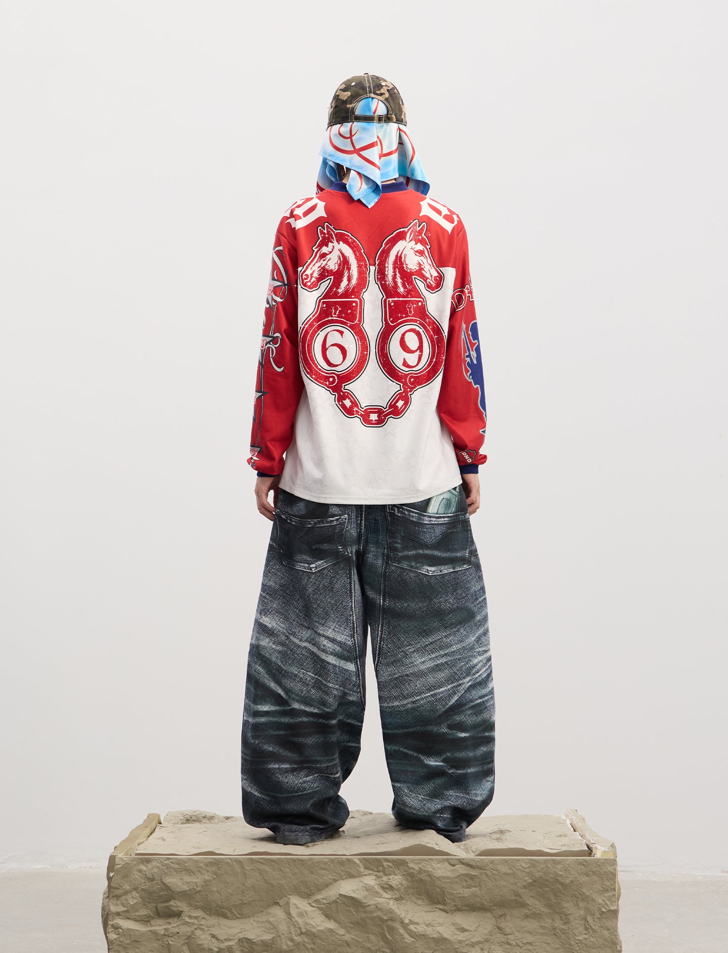 Double-Waistband Printed Jeans