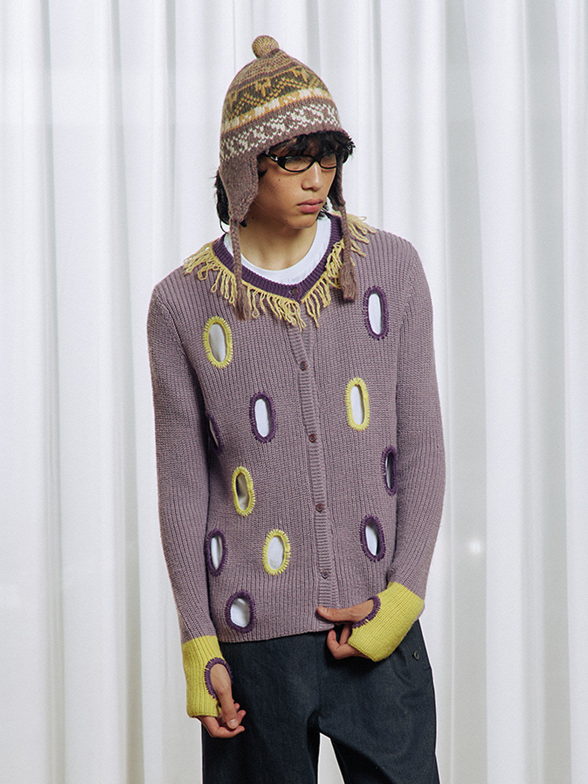 Hollowed-out wool blend cardigan