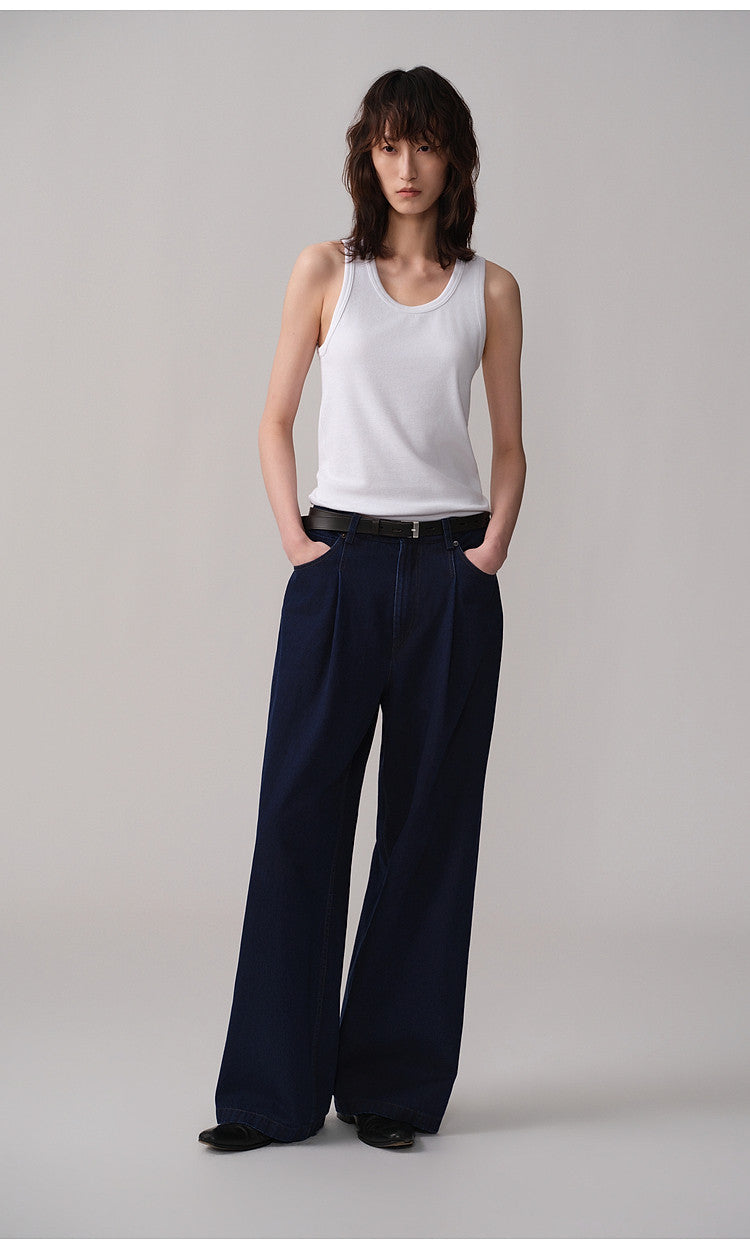 Double-Tuck Straight-Leg Casual Denim Pants