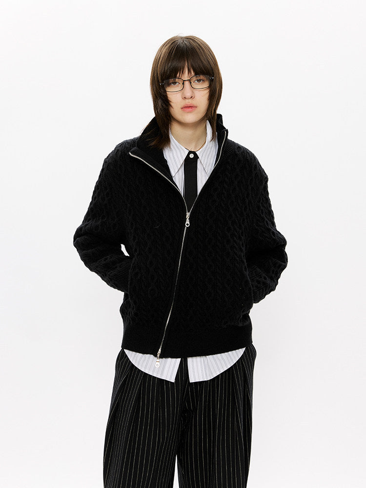 Diagonal Zipper Cable-Knit Cardigan