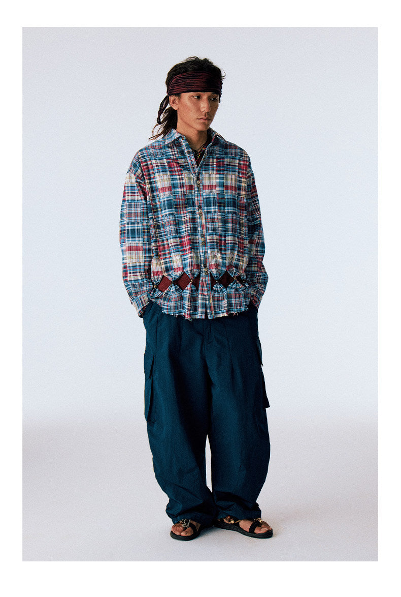 Patchwork Checkered Cut-Out Shirt