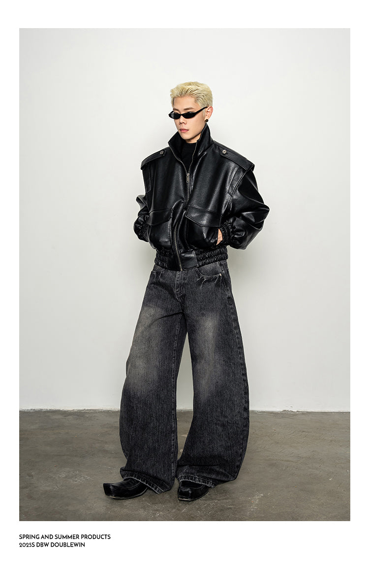 Wide-Shoulder High-Neck Leather Jacket