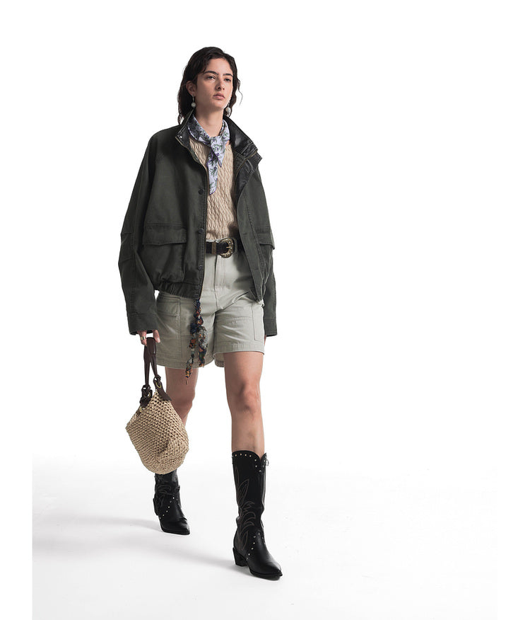 Leather collar short flight jacket