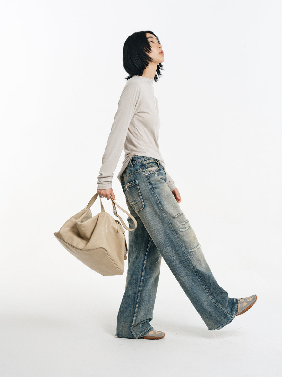 Hand Stitched Ripped Slim Straight Jeans