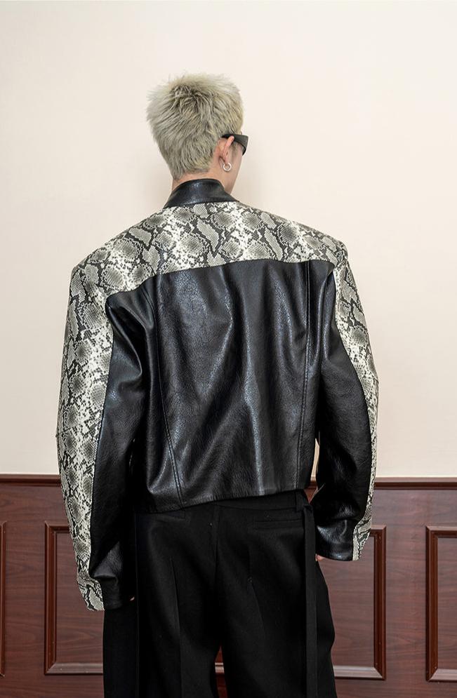 Snakeskin Patterned Scimitar Sleeve PU Leather Jacket