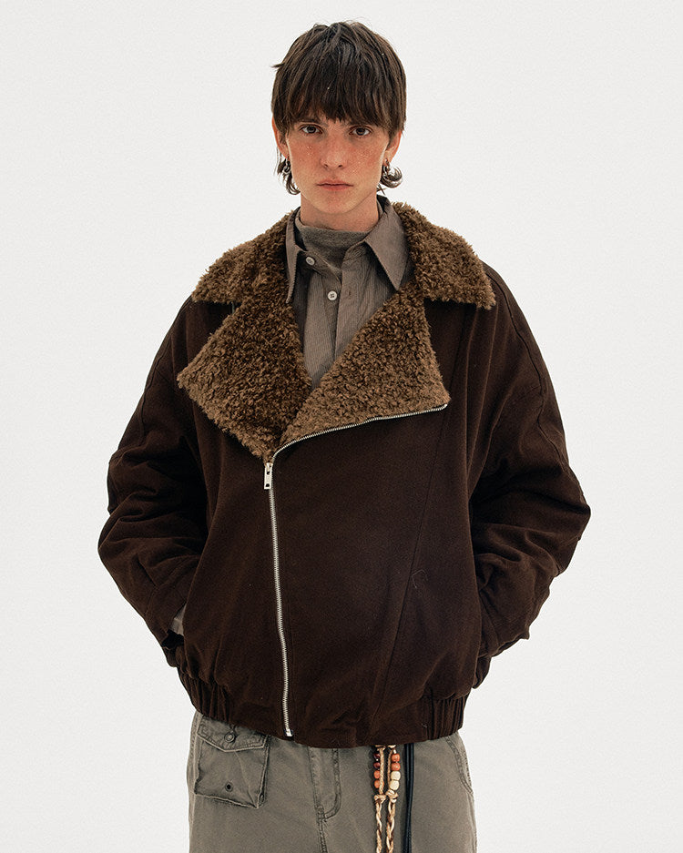 Diagonal Zipper Lambswool Collar Cotton Jacket