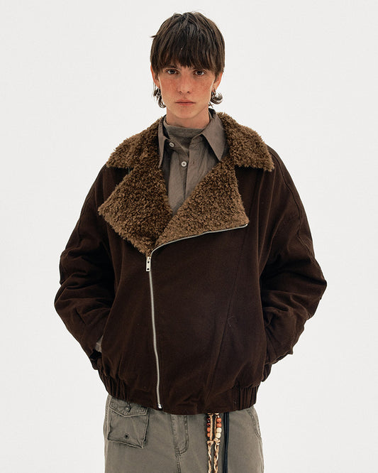 Diagonal Zipper Lambswool Collar Cotton Jacket