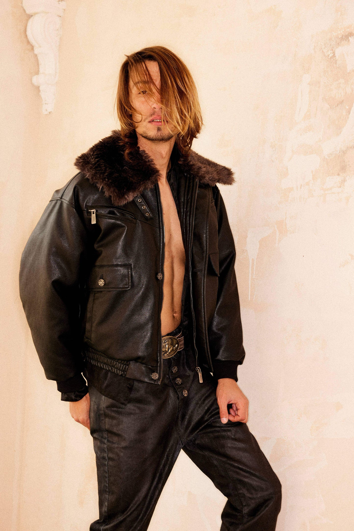 Heavyweight Leather Jacket with Multiple Pockets