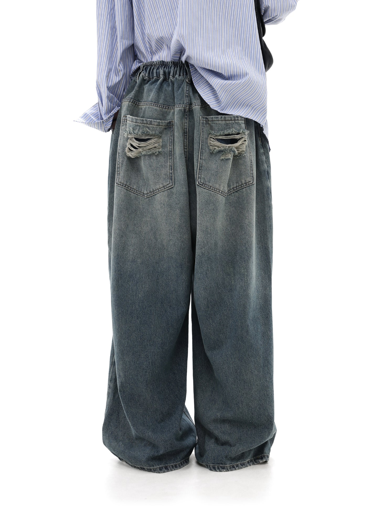 Drawstring Damaged Washed Denim Pants