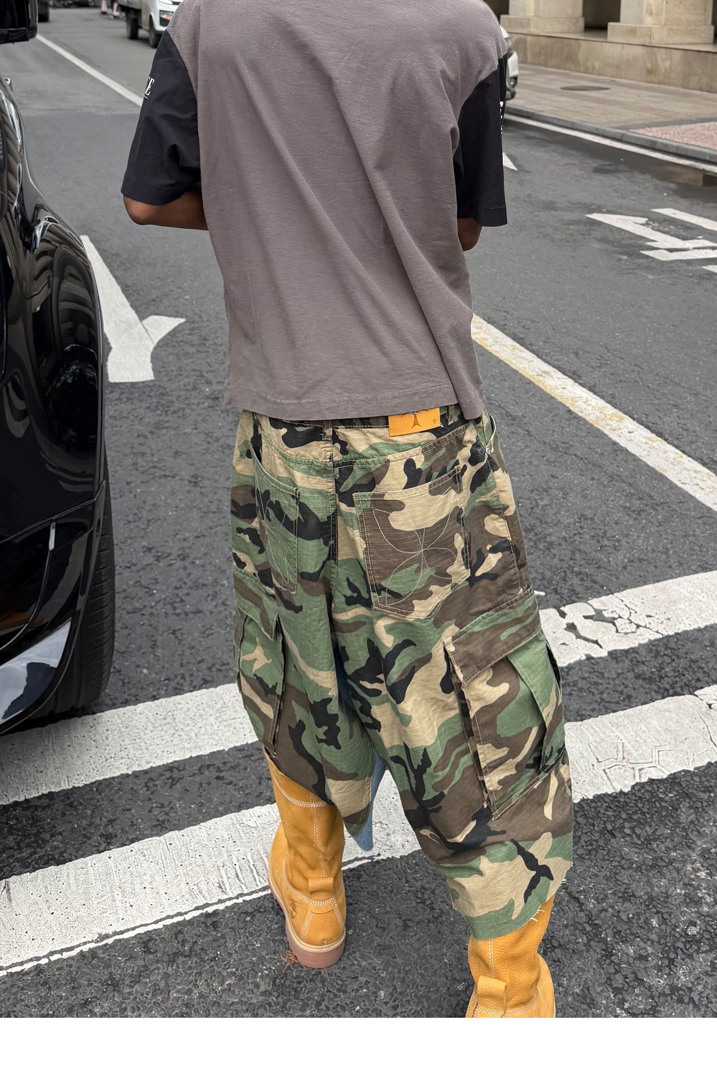 Camouflage-Print Distressed Patchwork Shorts
