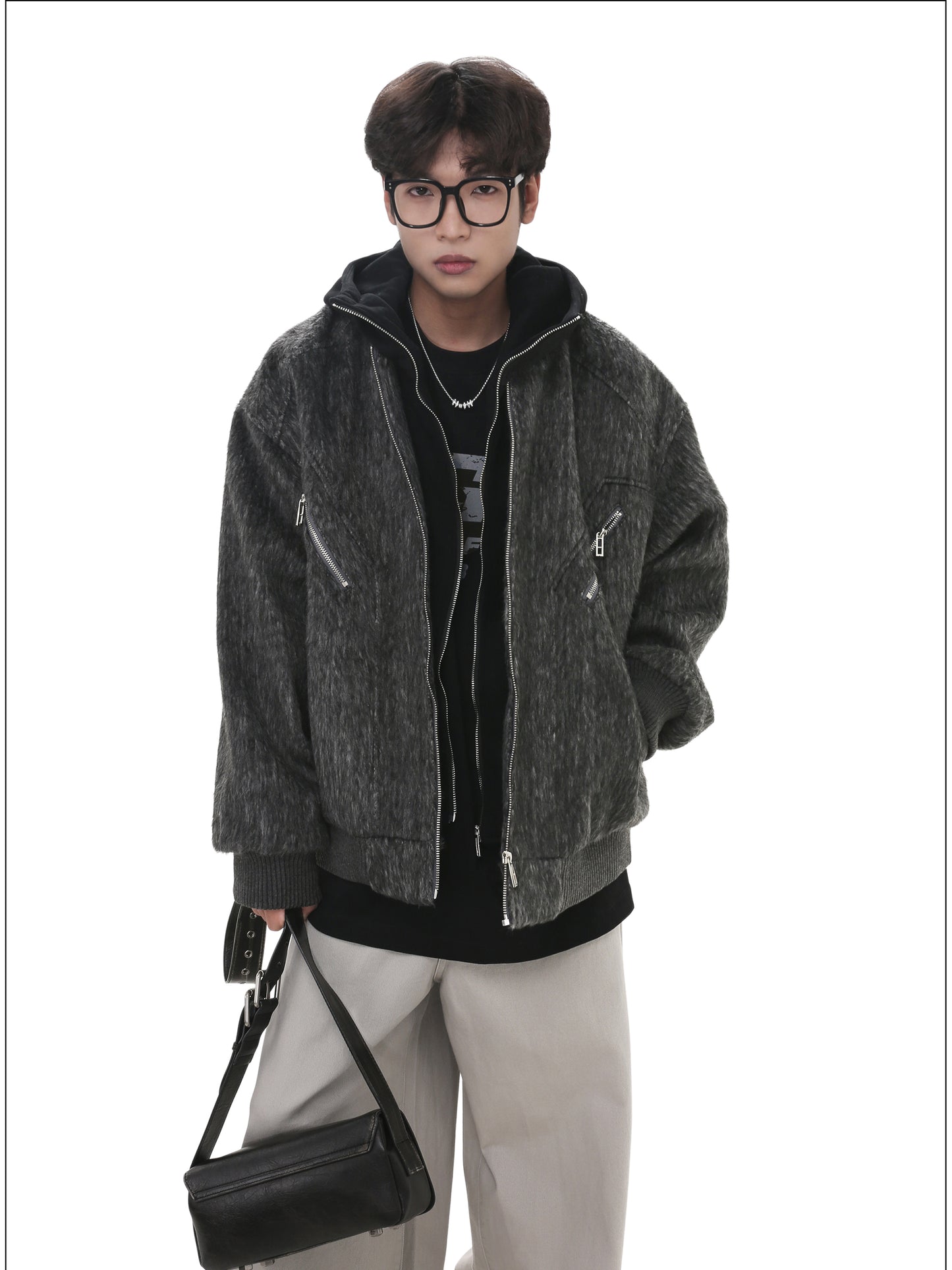 Faux two-piece wool hooded jacket