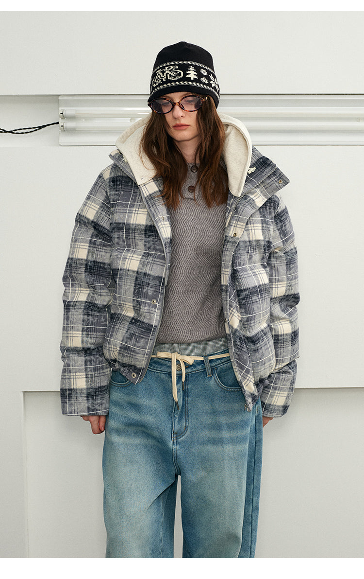 Checked cotton jacket with detachable hood