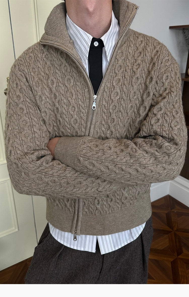 Diagonal Zipper Cable-Knit Cardigan