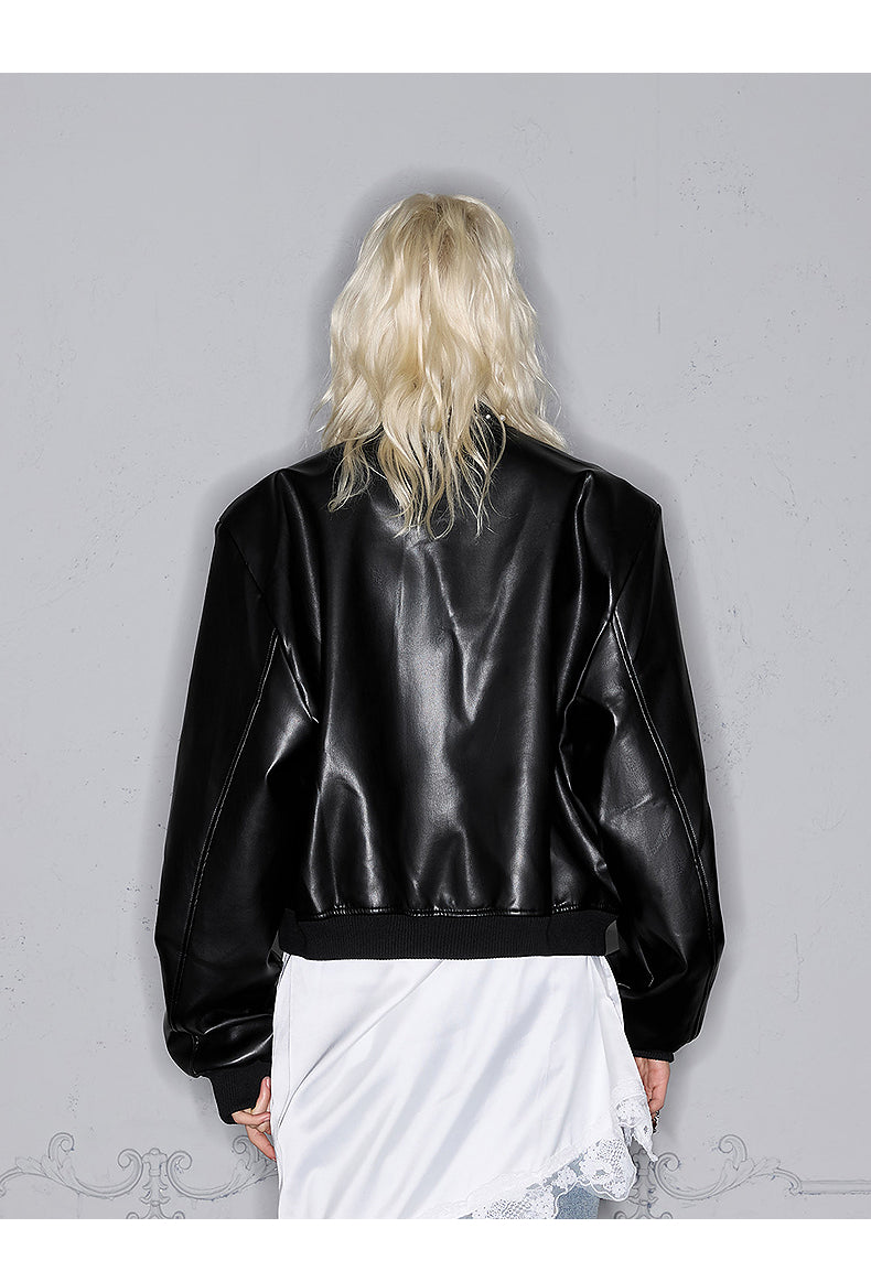 Three-dimensional tailoring Pearl design leather jacket