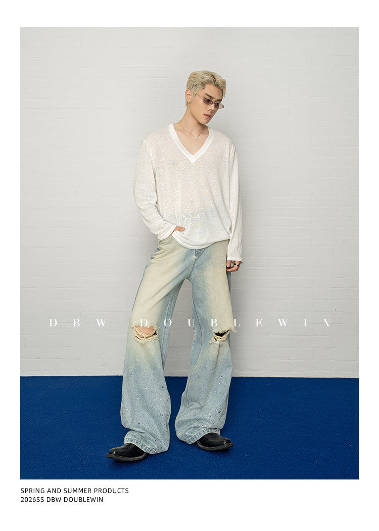 Rhinestone-Embellished Gradient Straight-Leg Jeans