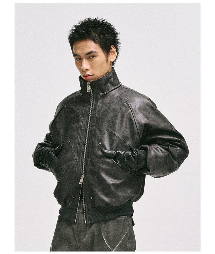 Short leather jacket with detachable hood