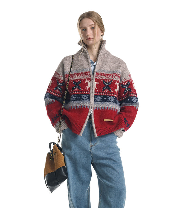 Wool-Blend Pony Jacquard Zip Cardigan