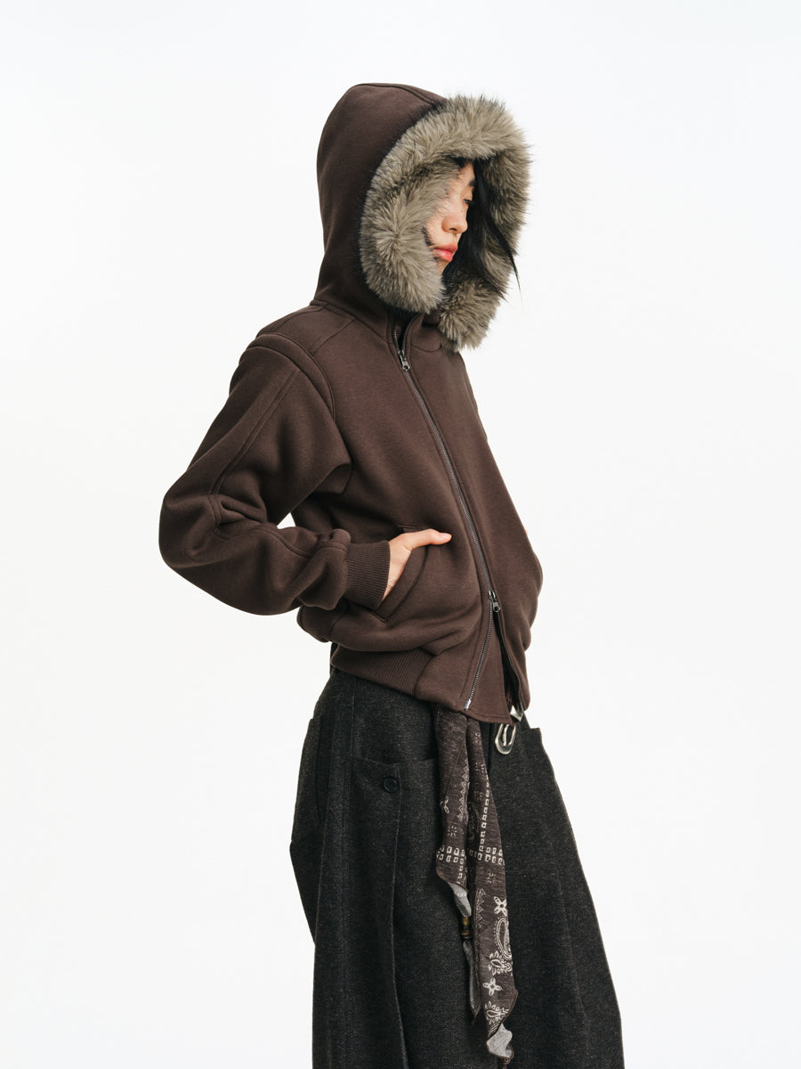 Fur Collar Short Sweatshirt