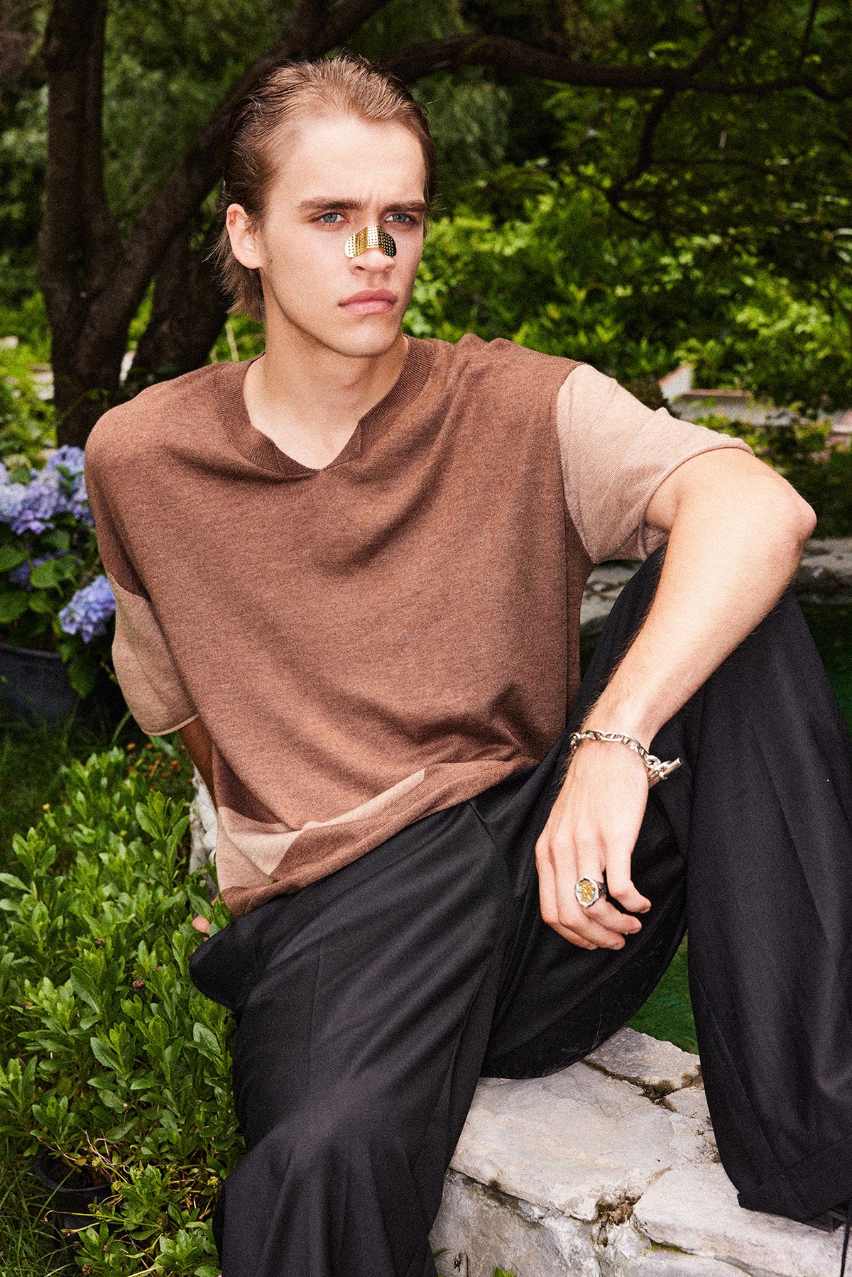 Beige and brown stitched wool T-shirt