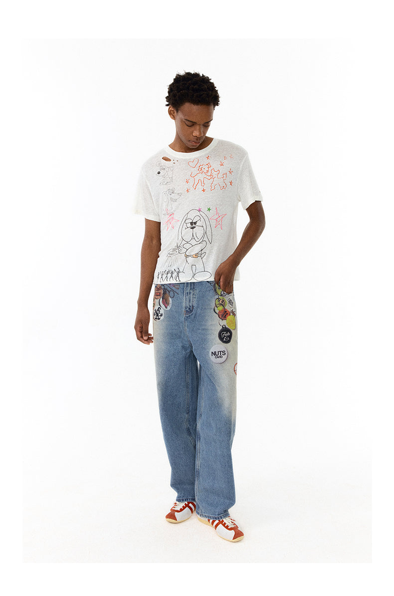 Medal print denim pants