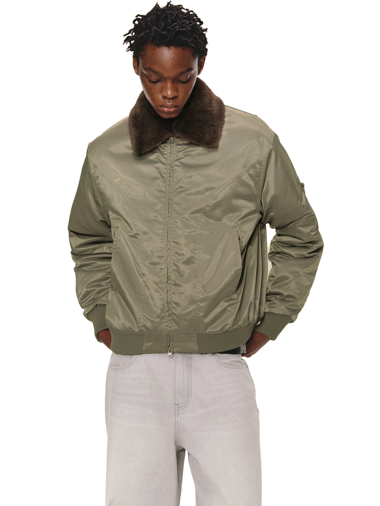 Contrast Fur Collar Bomber Jacket