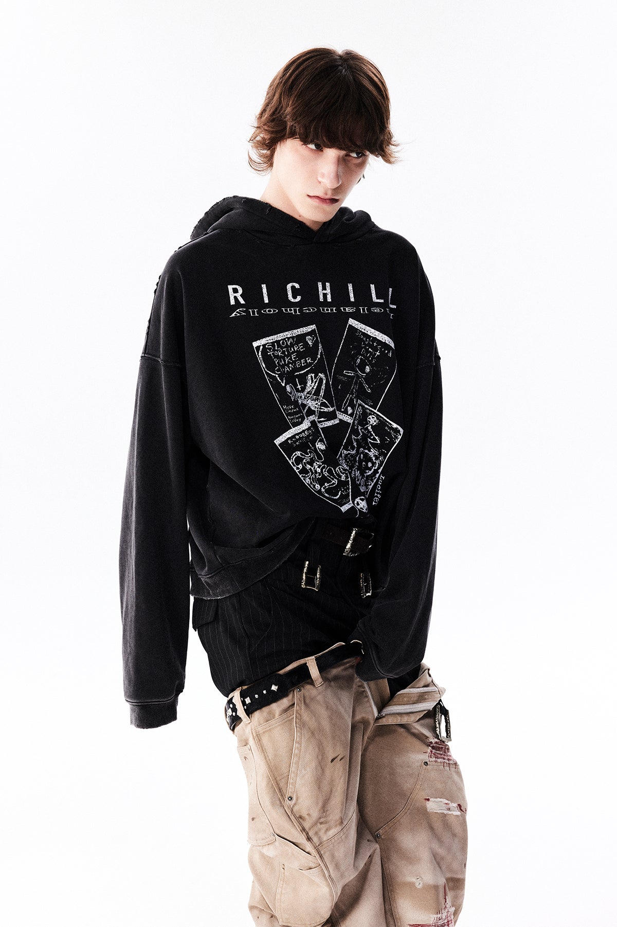 Washed Destroy Patch Hooded Sweatshirt