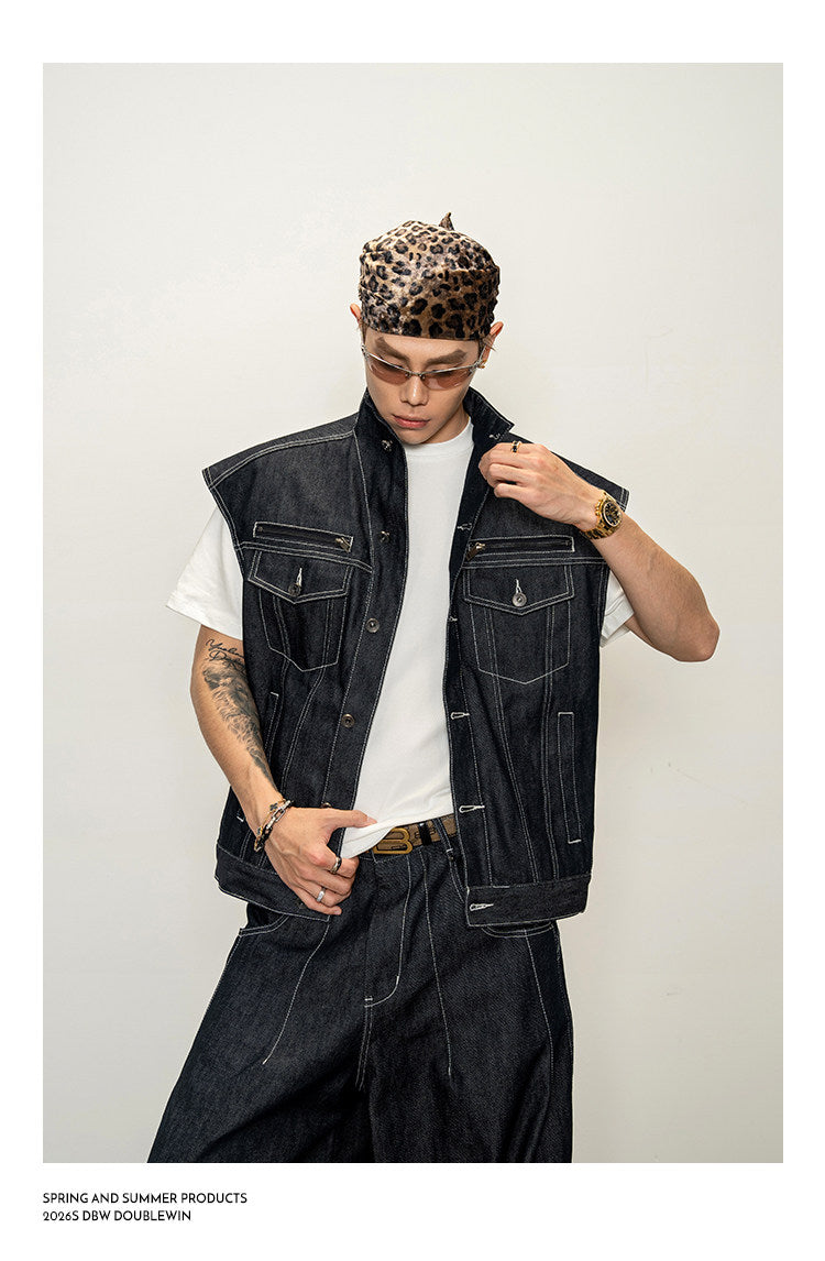 Lined Stand-Up Collar Denim Vest