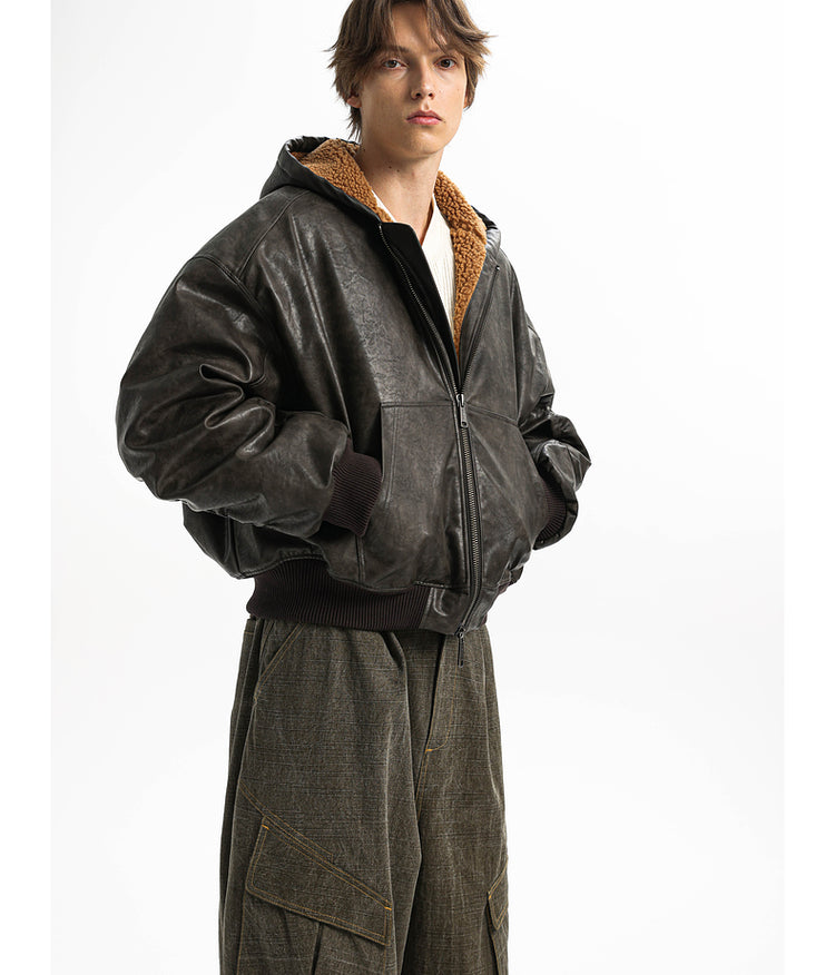 Oil wax short wide hooded jacket