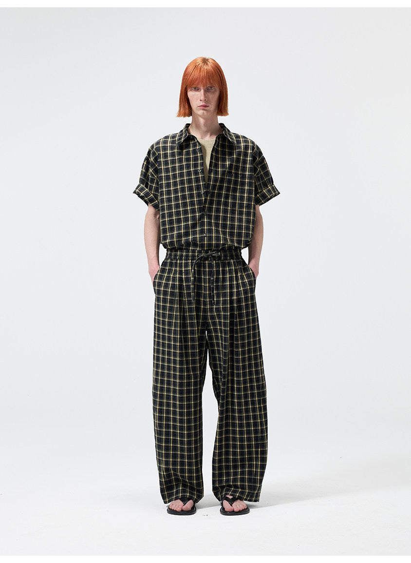 Yarn-Dyed Chiffon Check-Patterned Casual Pants