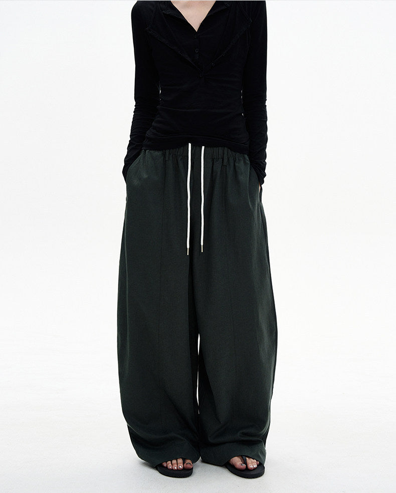 Drawstring Curved Wide-Leg Pants