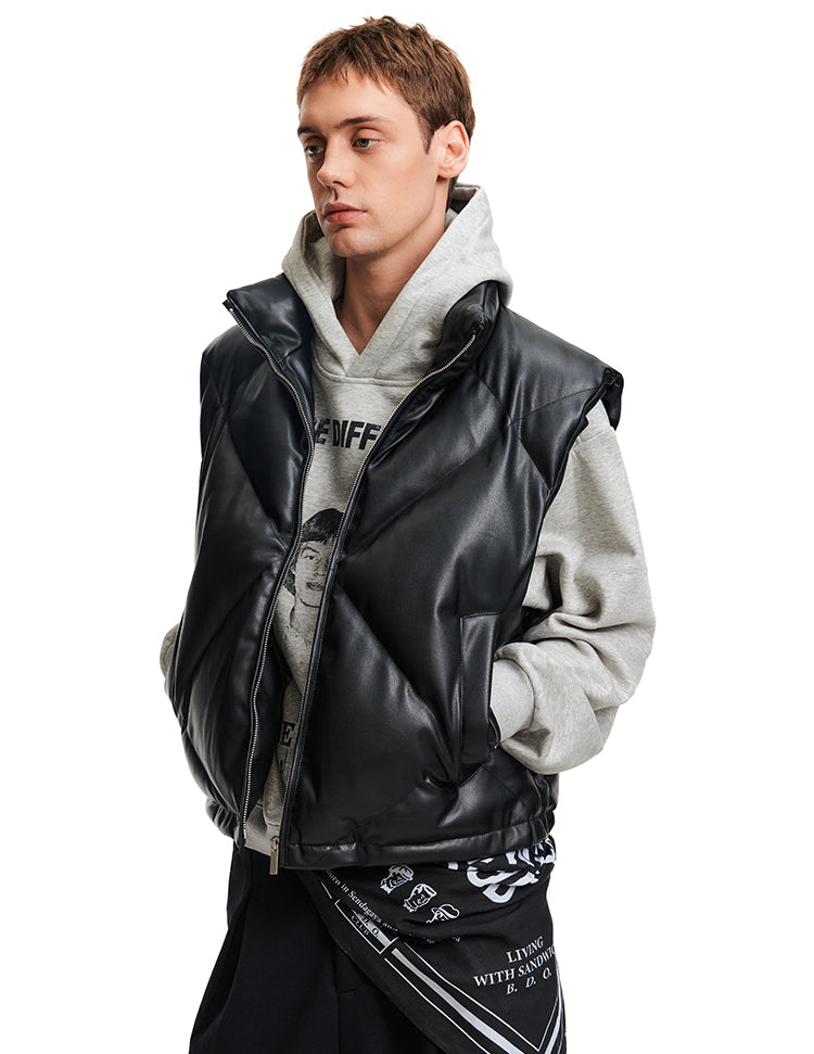 Stand Collar PU Leather Vest