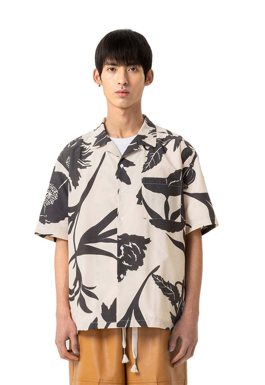 Floral silhouette print Cuban collar short sleeve shirt