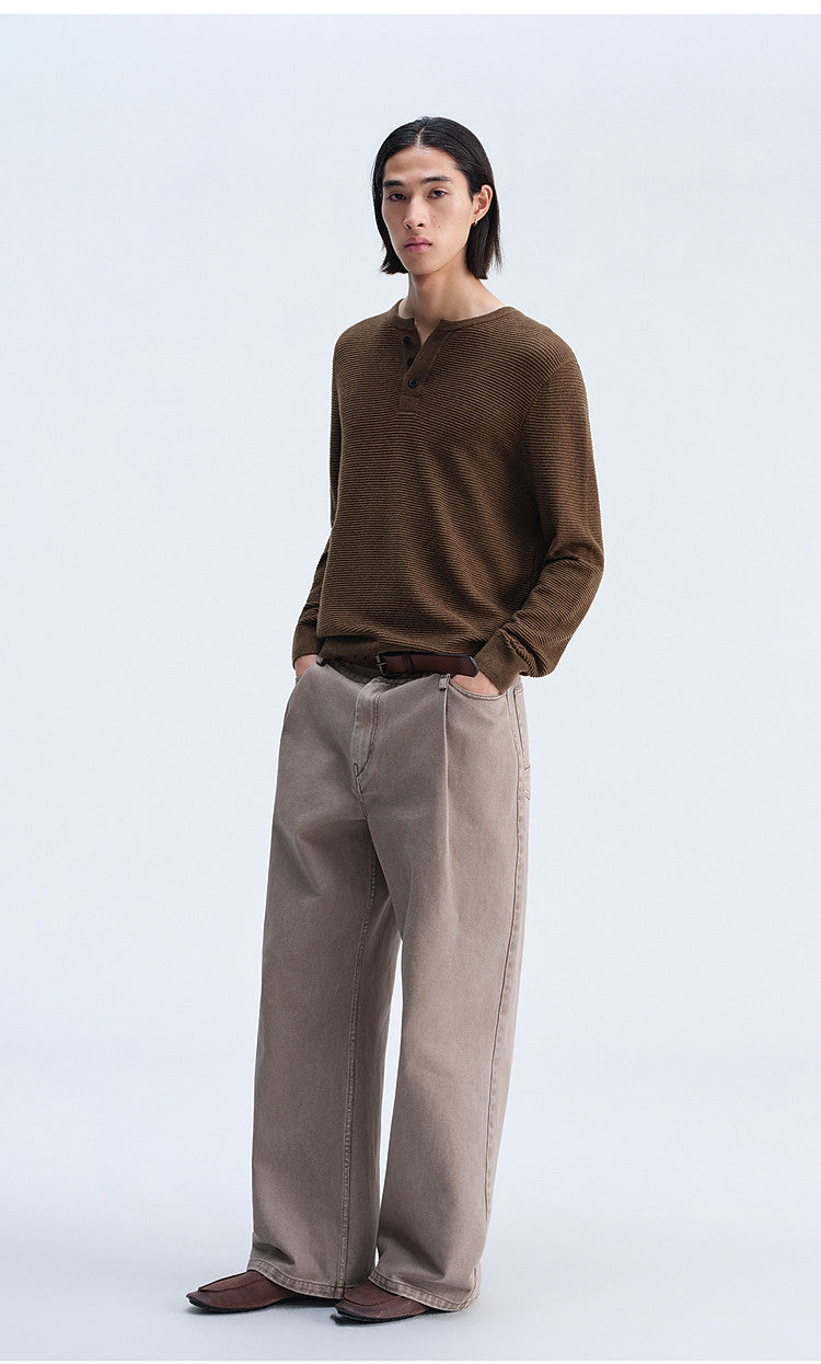 Henry-Collar Button-Down Shirt