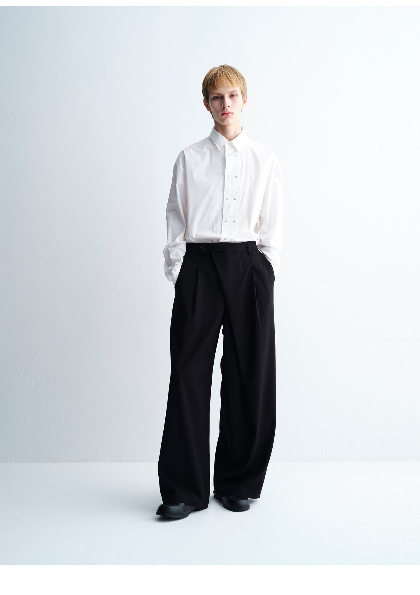 Double-Breasted Round-Hem Loose-Fit Shirt