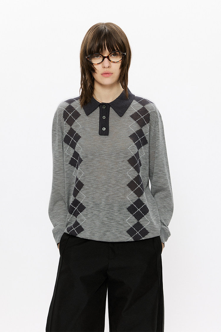 Diamond-pattern knit polo shirt