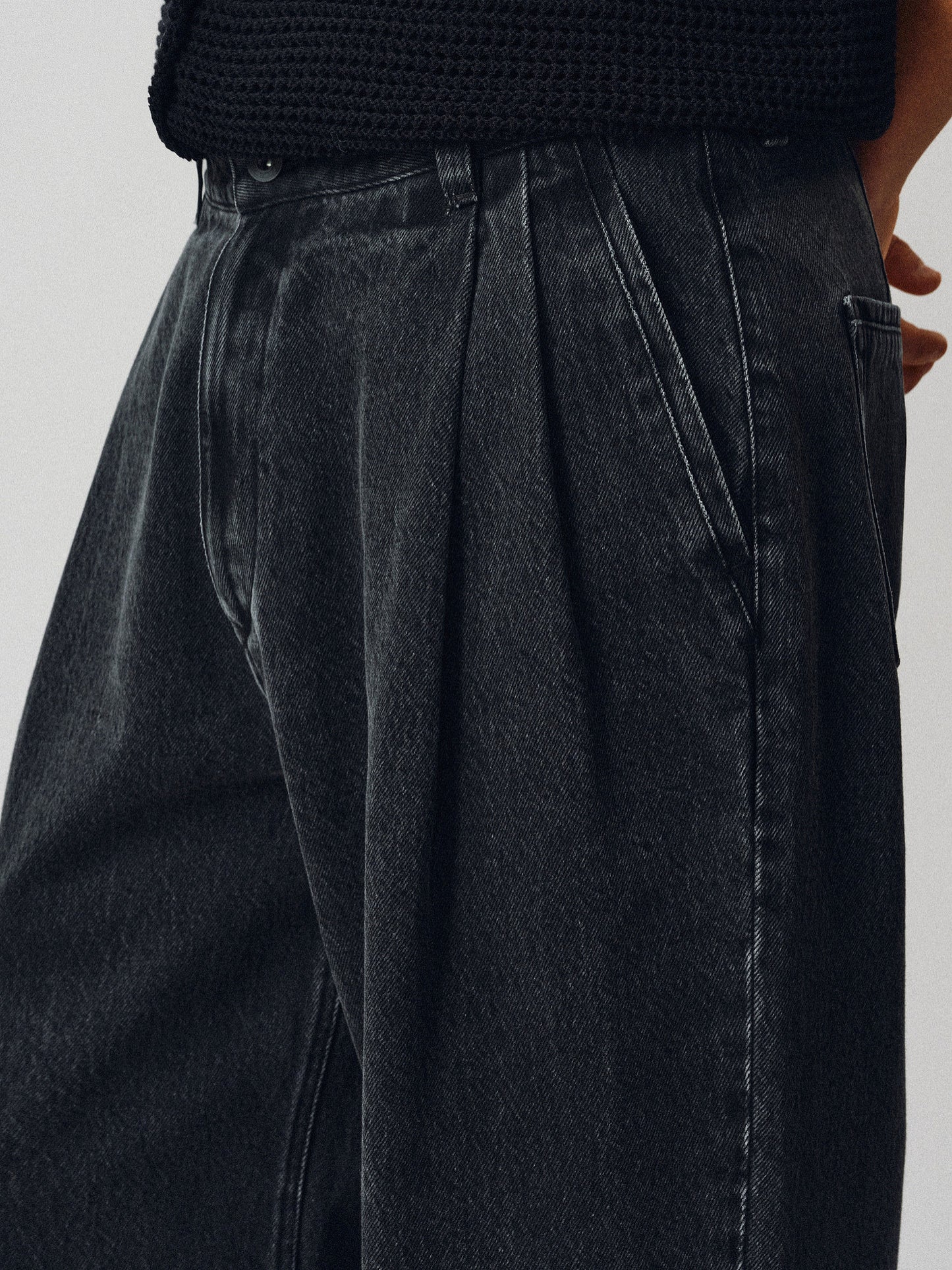 Double-Pleated Wide-Leg Denim Pants