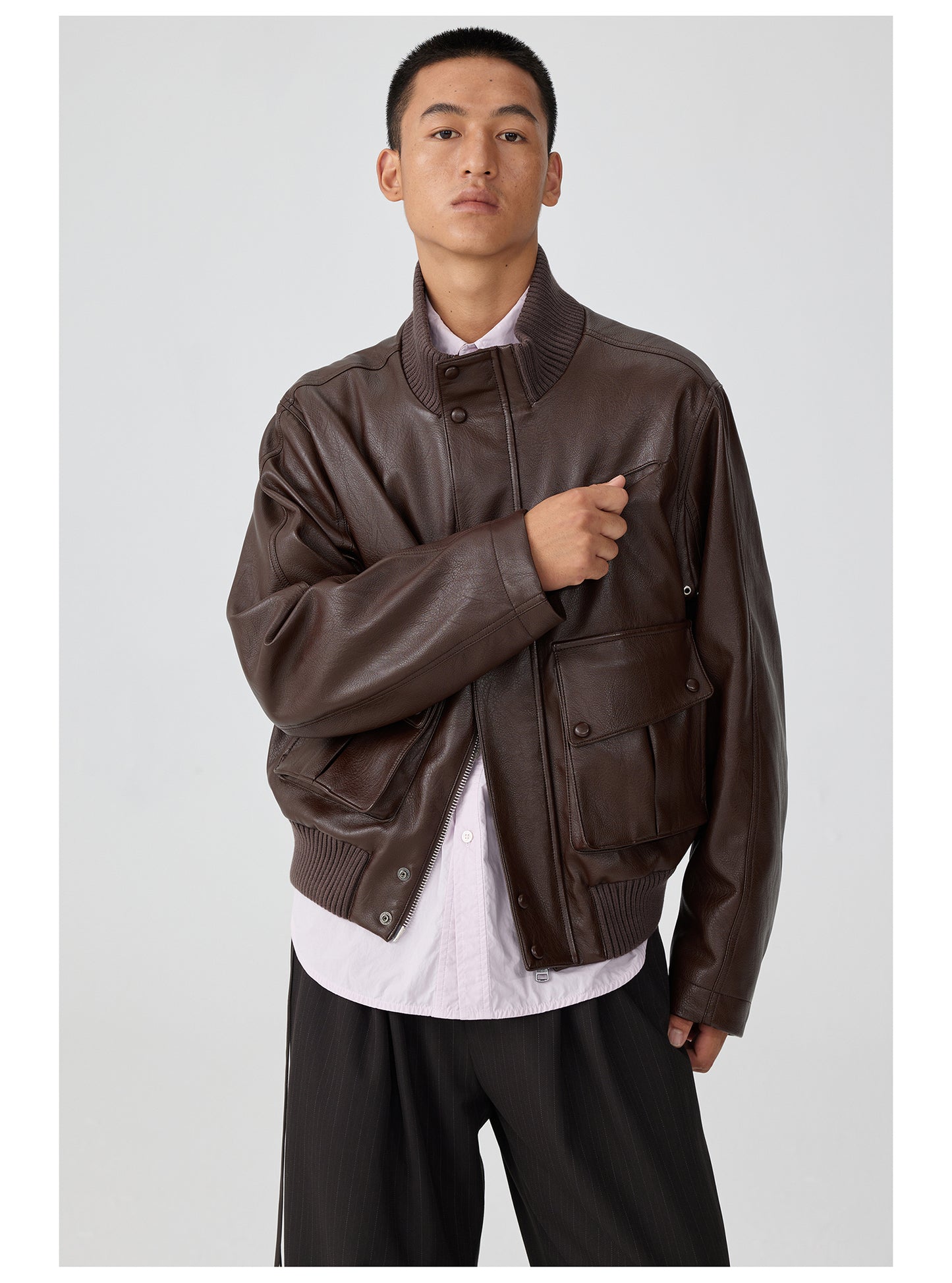 Ribbed stand collar leather jacket